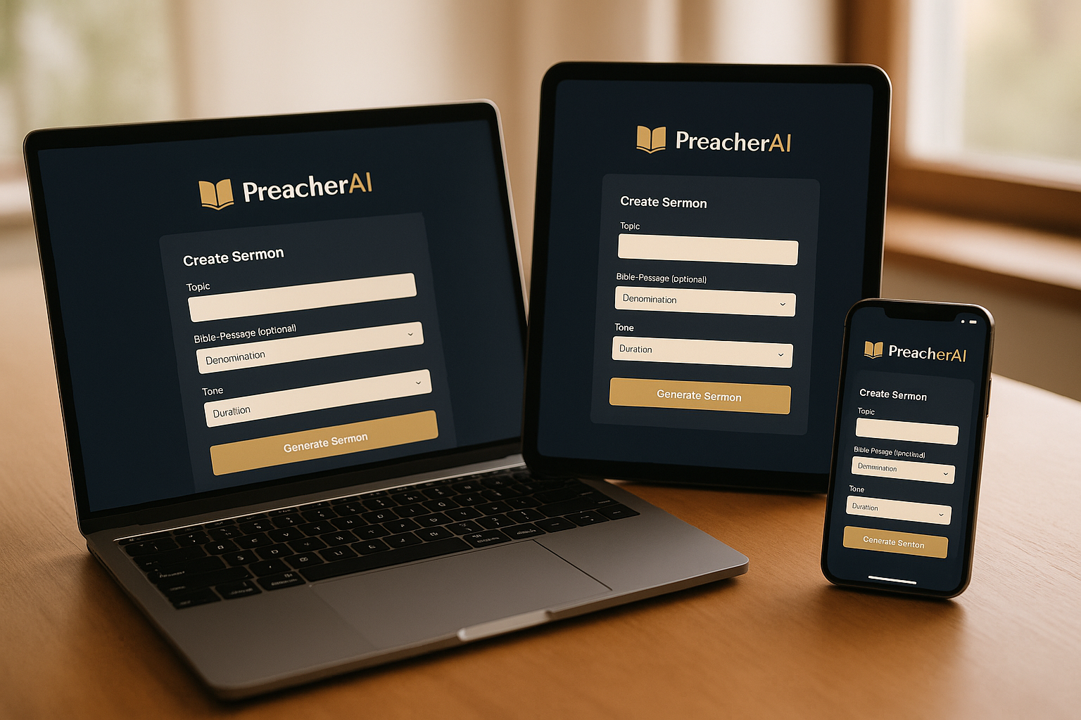 PreacherAI in action — laptop, tablet and phone showing the real app